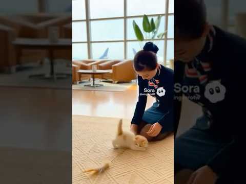 空港のラウンジで、制服姿のCAが小さな猫と遊んでいる。自然光が差し込む明るい室内、穏やかで温かい雰囲気。