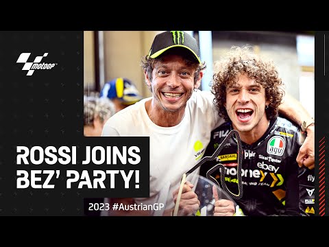 The VR46 squad celebrates P3 with the big boss! 🍾 | 2023 #AustrianGP UNSEEN