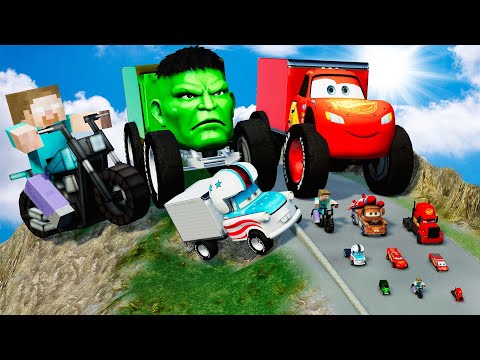Epic Battle Big & Small Minecraft Creeper on a motorcycle vs Hulk Truck and Lightning McQueen