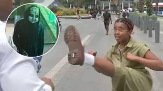 Woman kicks man who was 'terrorizing' people in a 'Chucky doll' mask