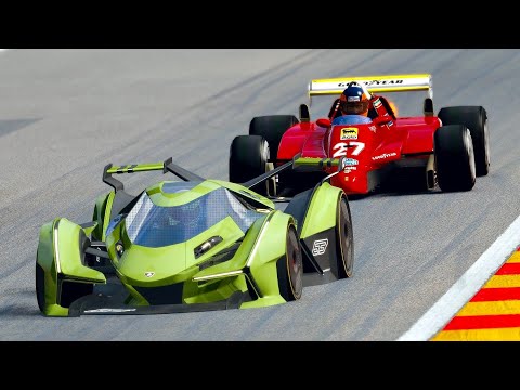 Lamborghini V12 Vision GT vs Ferrari F1 1982 Gilles Villeneuve at Spa