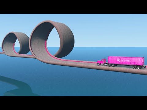 Impossible Double Loop Bridge Crossing Cars Vs Deep Water - BeamNG.Drive