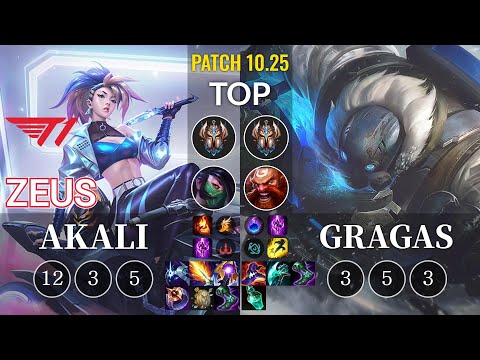 T1 Zeus Akali vs Gragas Top - KR Patch 10.25
