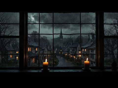 Spooky European Village Halloween Ambience | Relaxing Moody Music with Rain and Thunder