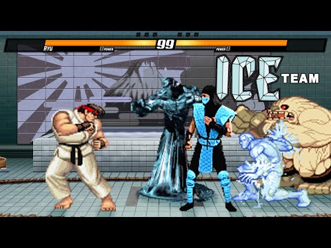 RYU vs SUB-ZERO & ICEMAN & SASQUATCH & GLACIUS (ICE TEAM) - HARDEST LEVEL INSANE FIGHT!
