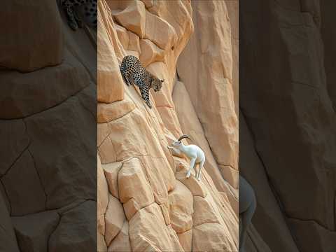 Cliffside Showdown: Leopard vs. Ibex in a Daring Climb! 🐆🧗‍♂️ #shorts