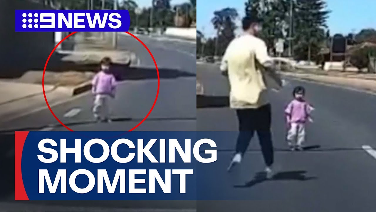 Heart-stopping moment toddler runs on highway | 9 News Australia