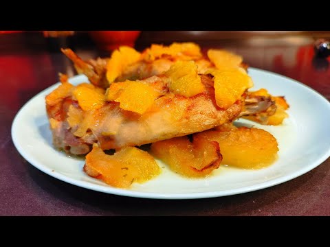 Rabbit with oranges and apples. Live with taste