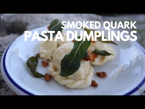 Smoked Kärntner Kasnudeln (quark pasta dumplings) with homemade XO beef Grammeln (greaves)