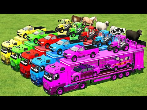 LOAD & TRANSPORT DACIA POLICE, LAND ROVER CARS & ANIMALS WITH MERCEDES TRUCK - Farming Simulator 22