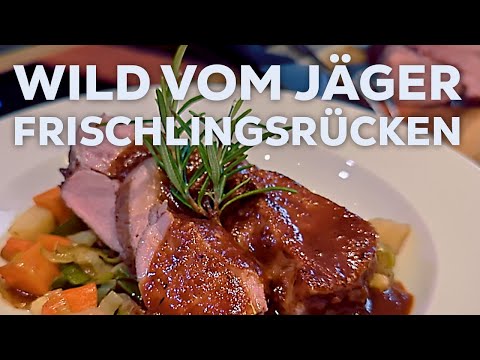 Wildschweinrücken mit Glühwein-Cranberry-Sauce, niedriggegart