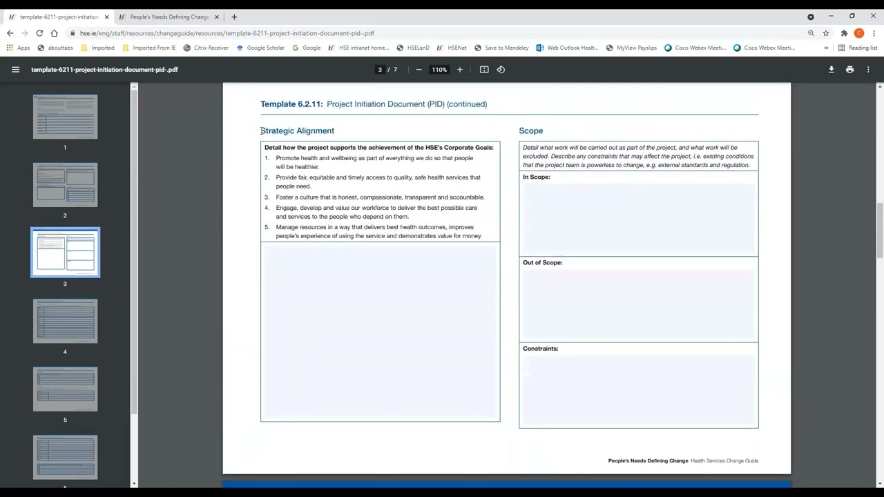 Guidance on using Template 6.2.11: Project Initiation Document from the Health Services Change Guide