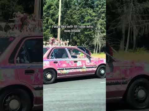 the pink car with GIRAFFES on the roof w/ @peakabookitty 🦒