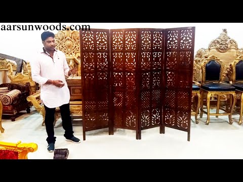 Brown mango wood wooden antique partition, 5 panels, polishe...