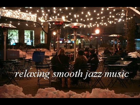 Night snow outside in a cafe atmosphere with relaxing smooth jazz music and snowflakes