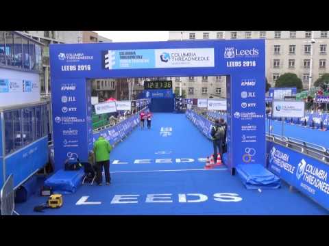 Samuel at the finish line for ITU World Triathlon Series