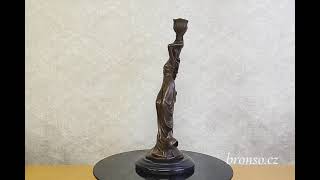 Bronzový svícen Art Nouveau – signováno Milo, patinovaný bronz na mramorové podstavě