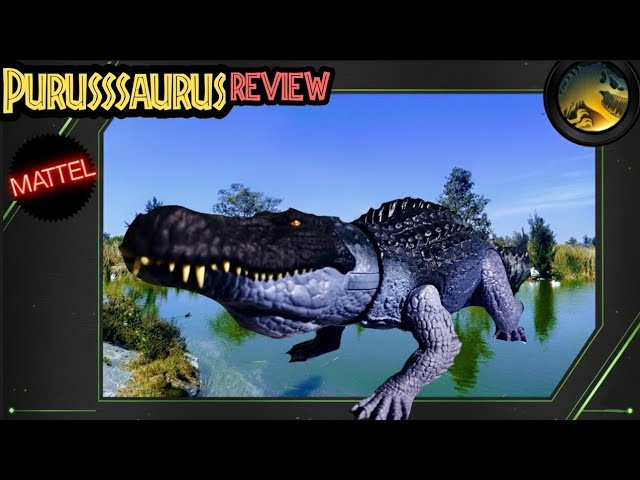 Vídeo relacionado con Mattel Jurassic World: El Renacer, Grandes embestidas Purusaurio Figura de dinosaurio de juguete de especie grande, con 2 embestidas, juego digital, JGB94