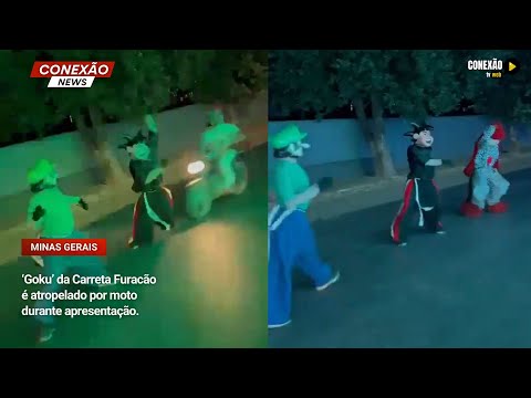 ‘Goku’ da Carreta Furacão é atropelado por moto durante apresentação, em Papagaios (MG).
