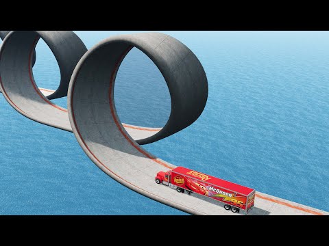 Mcqueen Cars vs Impossible Triple Loop Bridge Crossing Cars Vs Deep Water - BeamNG.Drive