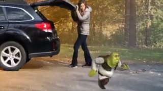 Shrek Exits Car, Enters Leaf Pile