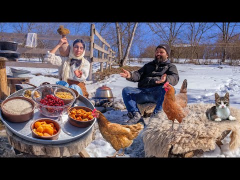Cozy Village Life in Winter, Cooking ancient Azerbaijani Dish - Nardancha Pilaf