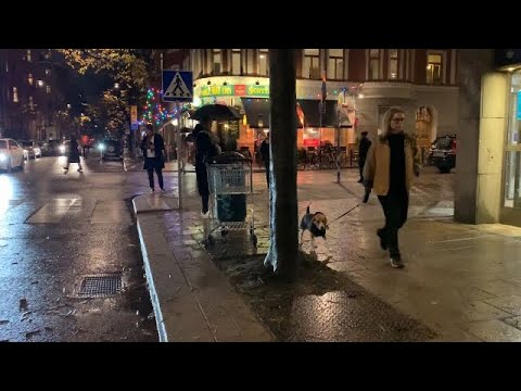 Caminhadas em Estocolmo: Södermalm em uma noite chuvosa. Hornsgatan - Swedenborgsgatan. Vida nas ruas discreta.