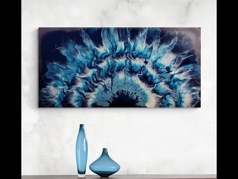 (546) Half Burst Bloom Technique Acrylic Pour Painting, BLUE HORIZON!