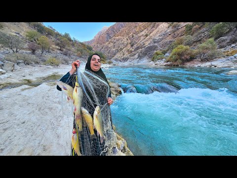 Brave Nomad Woman Fishing in a Raging River! 🐟🔥