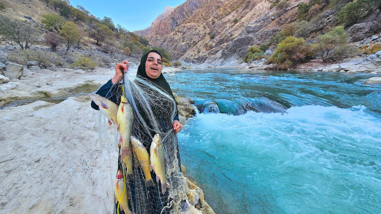 Brave Nomad Woman Fishing in a Raging River! 🐟🔥