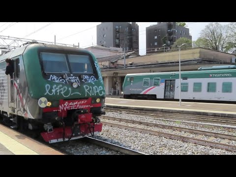 Italy: Trenord Class E464 electric loco leaves Monza on a Milano Porta Garibaldi-Bergamo service