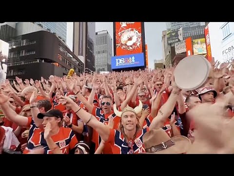 Video Thumbnail: Norway fans take over Times Square with Viking row