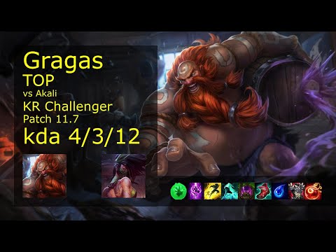 Gragas Top vs Akali - KR Challenger 4/3/12 Patch 11.7 Gameplay // [롤] 그라가스 vs 아칼리 탑