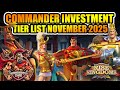 Commander Investment Tier List November 2025 Rise Of Kingdoms