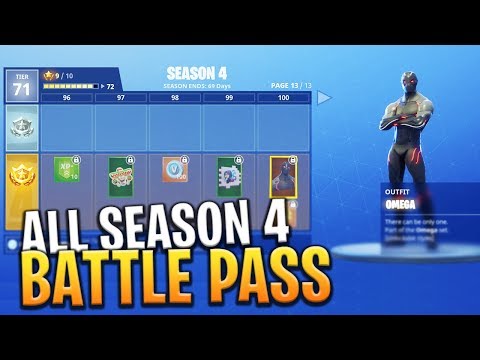 *NEW* SEASON 4 ALL BATTLE PASS TIERS MAX 100 (SKINS, PICKAXES AND MORE) - Fortnite: Battle Royale