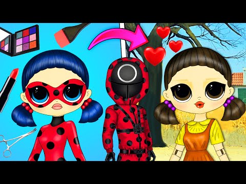 Squid Game Doll Tranformation into Ladybug - DIY Paper Dolls & Crafts