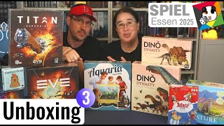 SPIEL 2025 Unboxing - Aquaria, Dino Dynasty, EVE a war for new Eden, Nature, Federation Erweiterung
