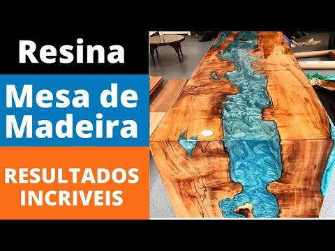 MESA de MADEIRA com RESINA EPÓXI - MESA de MADEIRA com RIO AZUL de PEDRAS e RESINA EPOXI