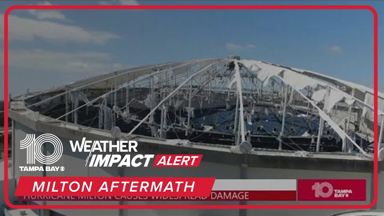 A look at the damaged Tropicana Field roof in daylight following Hurricane Milton