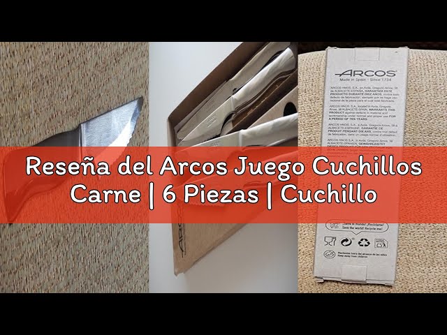 Vídeo relacionado con Arcos Juego 6 Cuchillos carne. Paquete Cuchillos chuleteros con filo de perla para cortar y filetear carne. Hojaerrada Acero Inoxidable y mango madera haya. Serie Mesa.