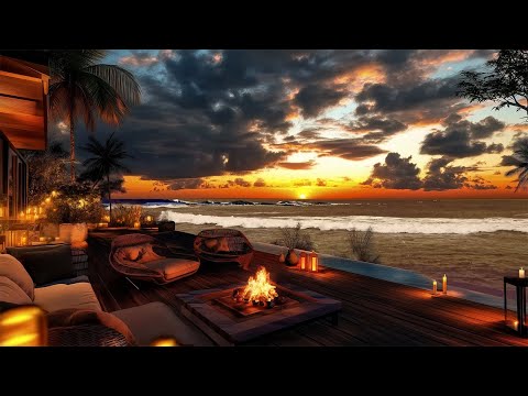 Seaside Night Jazz Atmosphere In Super Luxury Porch & Fireplace. Enjoy Elegant Jazz Piano by the Sea