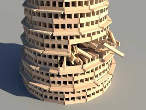 KEVA planks round tower build and destroy using Bullet Physics Engine