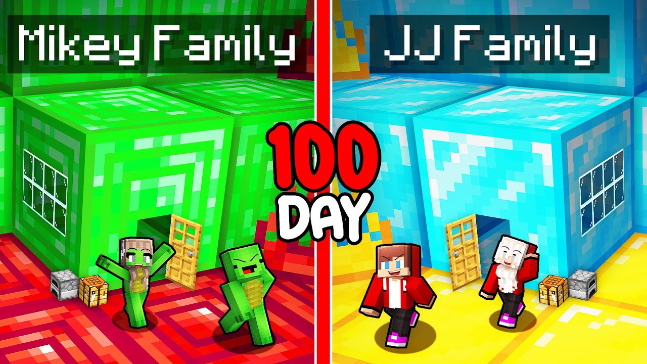 Mikey Family and JJ Family Survive 100 Days inside EMERALD vs DIAMOND Block in Minecraft (Maizen)