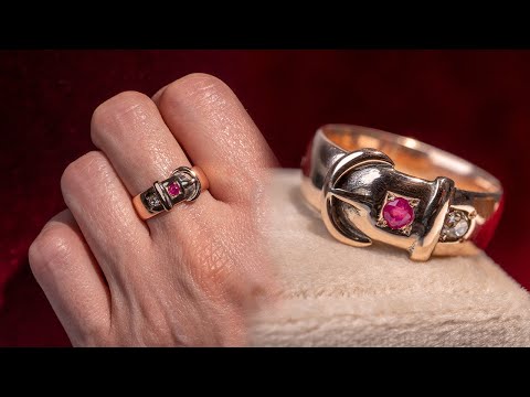 Antique 9ct rose gold buckle ring set with ruby and old-cut diamond, hallmarked for Birmingham 1899