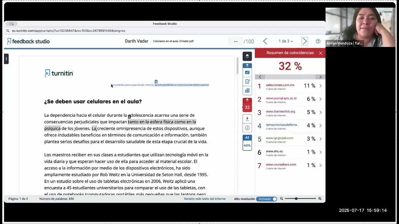 Sesión de capacitación del plugin Turnitin - parte 3
