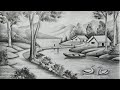 how to draw easy pencil sketch scenery,landscape pahar and river side scenery drawing,