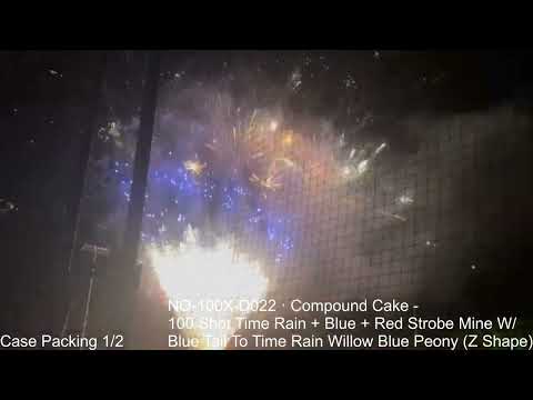 NO-100X-D022 - Compound Cake - 100 Shot Time Rain + Blue + Red Strobe Mine W/ Blue Tail To Time Rain