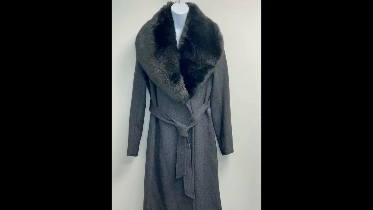 Watch video Cole Haan Faux Fur Collar Trench Coat in Dark Grey Now Cole Haan Faux Fur Collar Trench Coat in Dark Grey