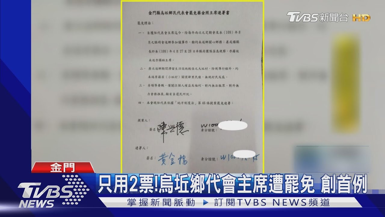 只用2票！烏坵鄉代會主席遭罷免　創首例