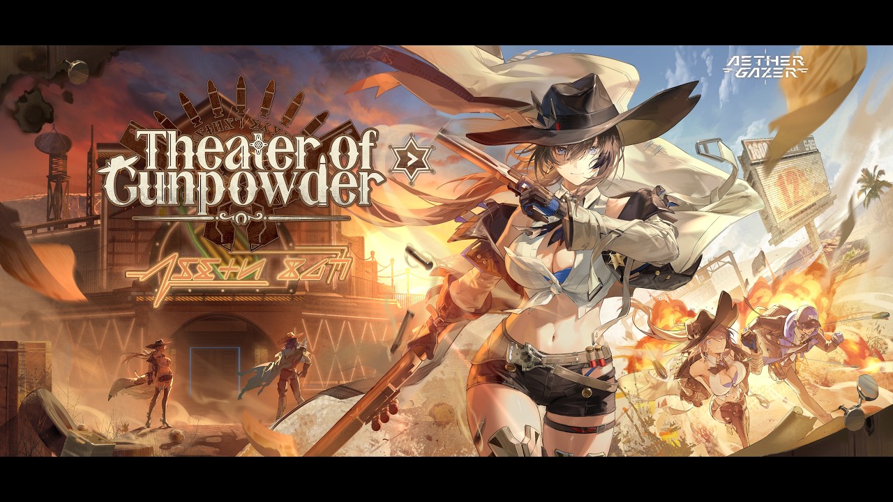 Frame from the Theater of Gunpowder version trailer on the official Aether Gazer channel, one of the three versions whose window ran longer than 40 days.